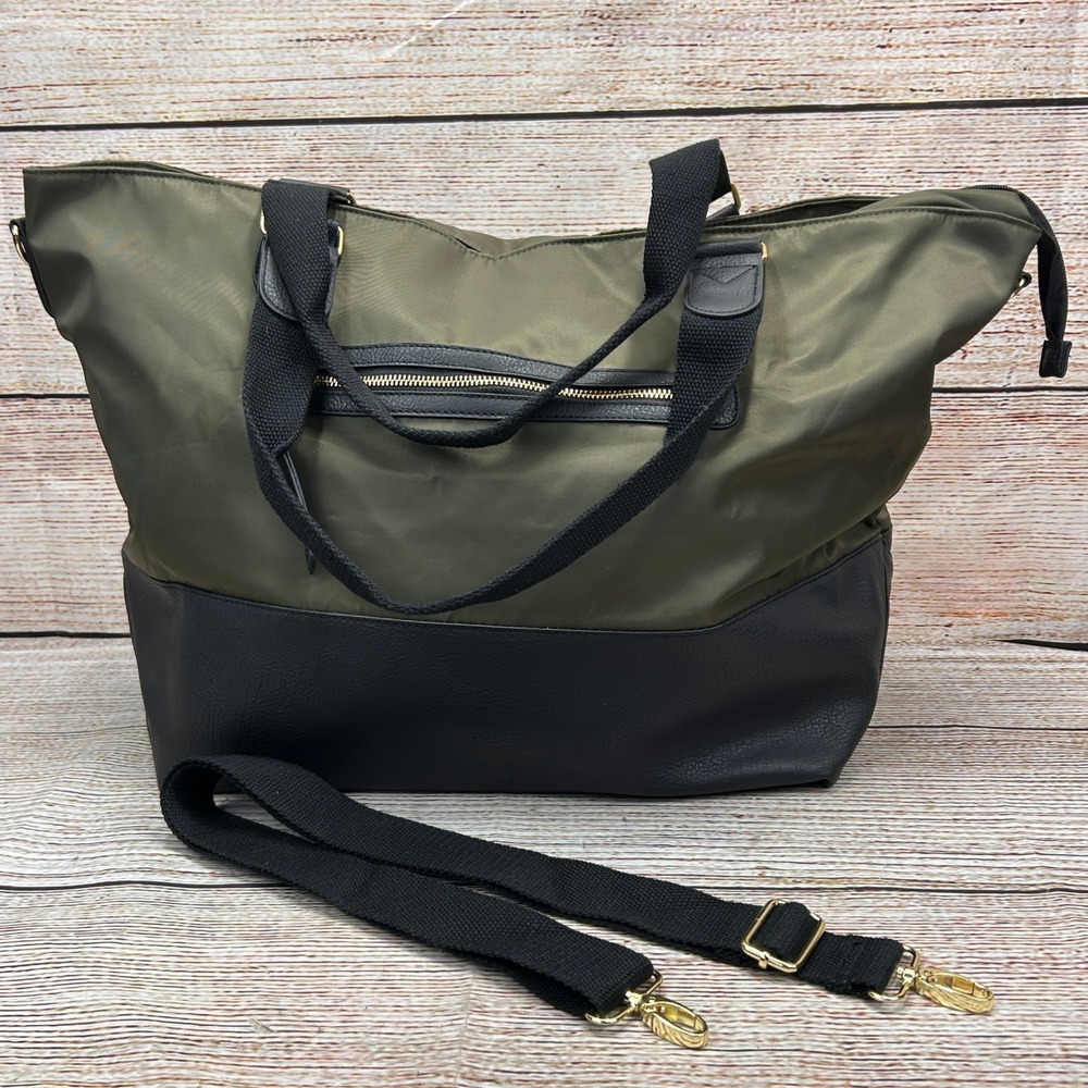 Madden Girl Olive Green‎ Black Nylon Faux Leather Weekender Travel Tote Unused
